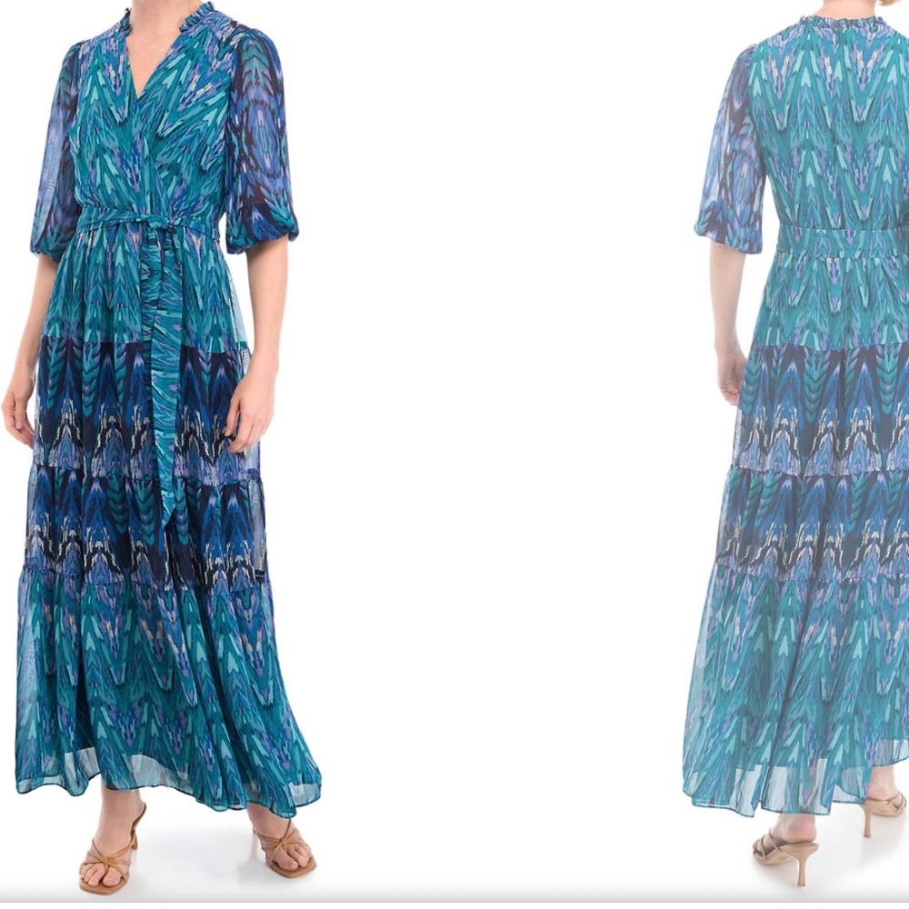 Maison Tara Blue and Green Patterned Long Sleeve Dress